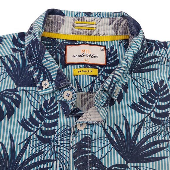 MTL Made To Live Shirt Youth Small Blue Tropical Print Button Up Slim Fit - Picture 2 of 8